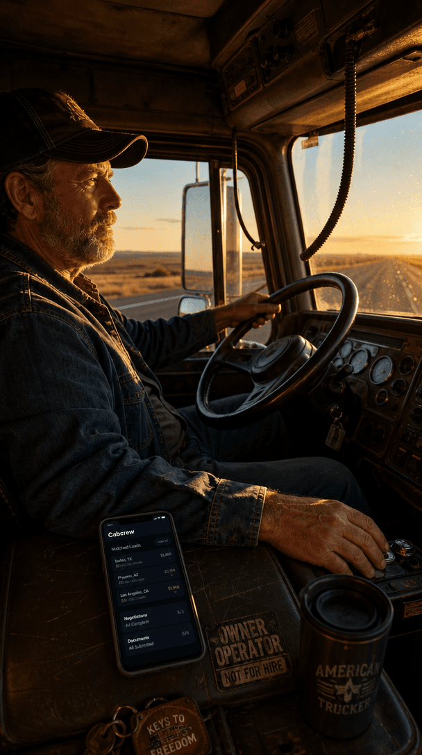 A truck driver looking toward the open road from the cab at sunrise.